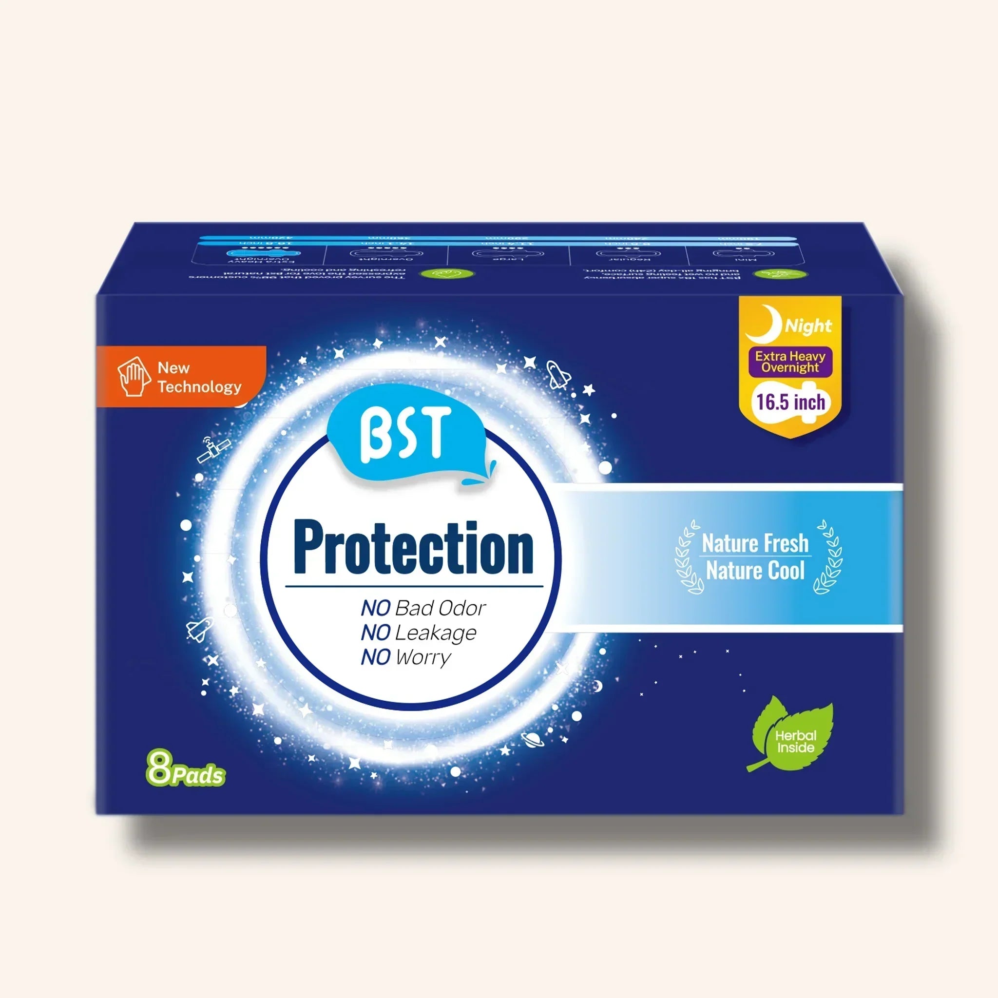 BST Protection Extra Overnight Sanitary Pads, 8 pads – extra length, mint cooling, high absorption, leak protection for sensitive skin