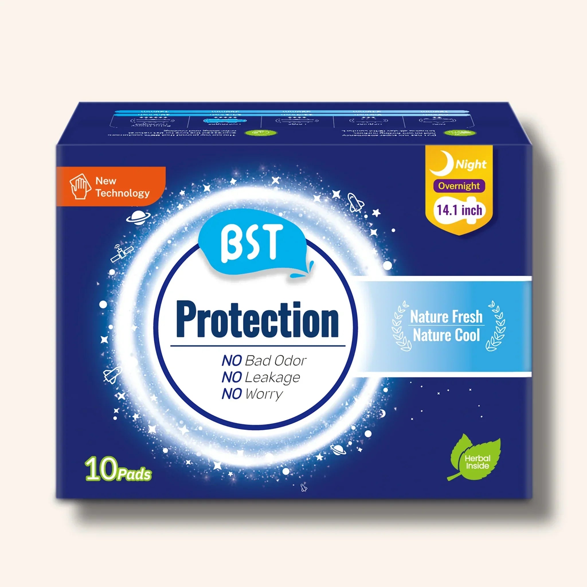 BST Protection Mint Cooling Sanitary Pads Overnight use, 10 pad – extra long, nature fresh, cooling, suitable for sensitive skin