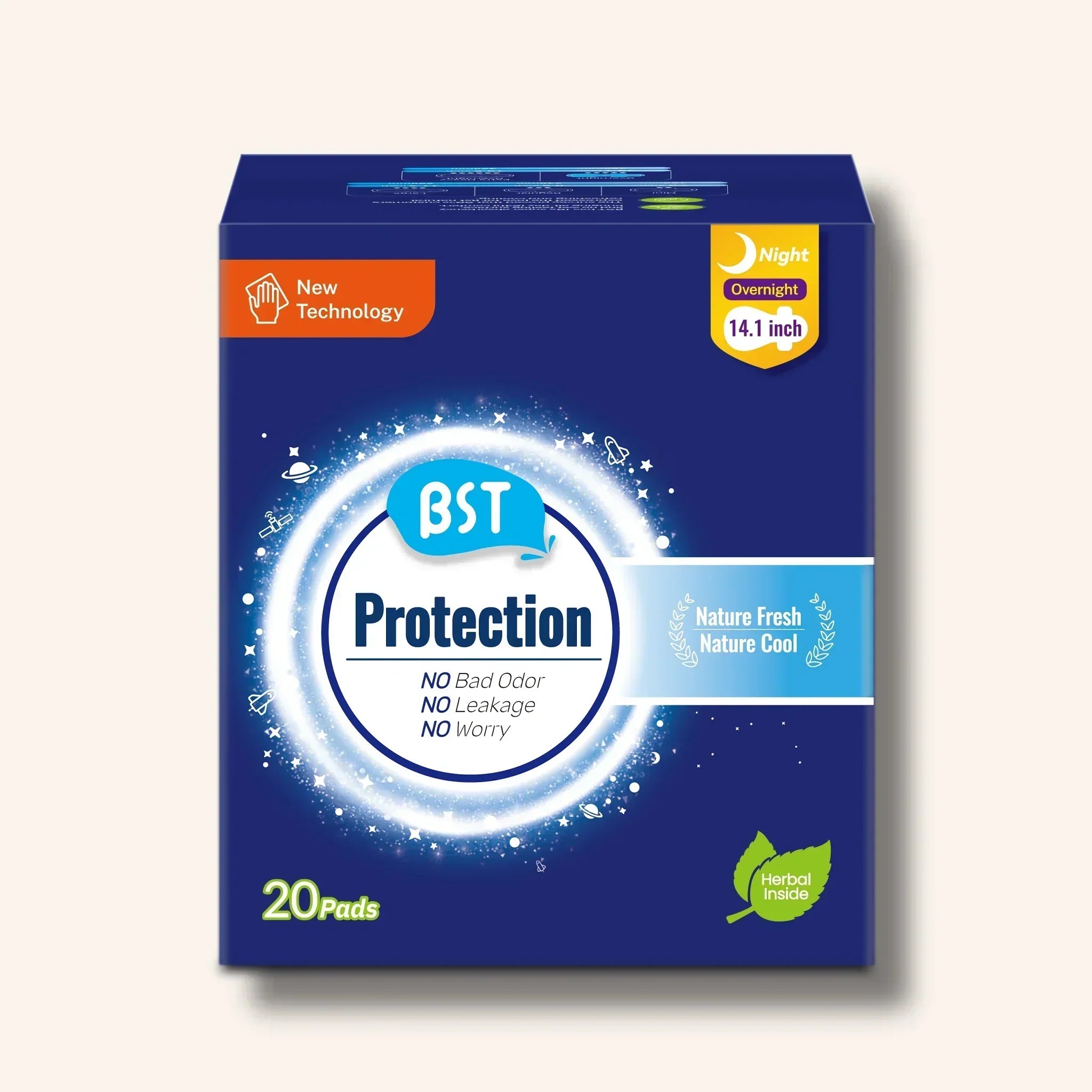BST Protection Mint Cooling Sanitary Pads Overnight use, 20 pads – 14.1 inch, extra long, no leakage, no bad odor, nature fresh for sensitive skin