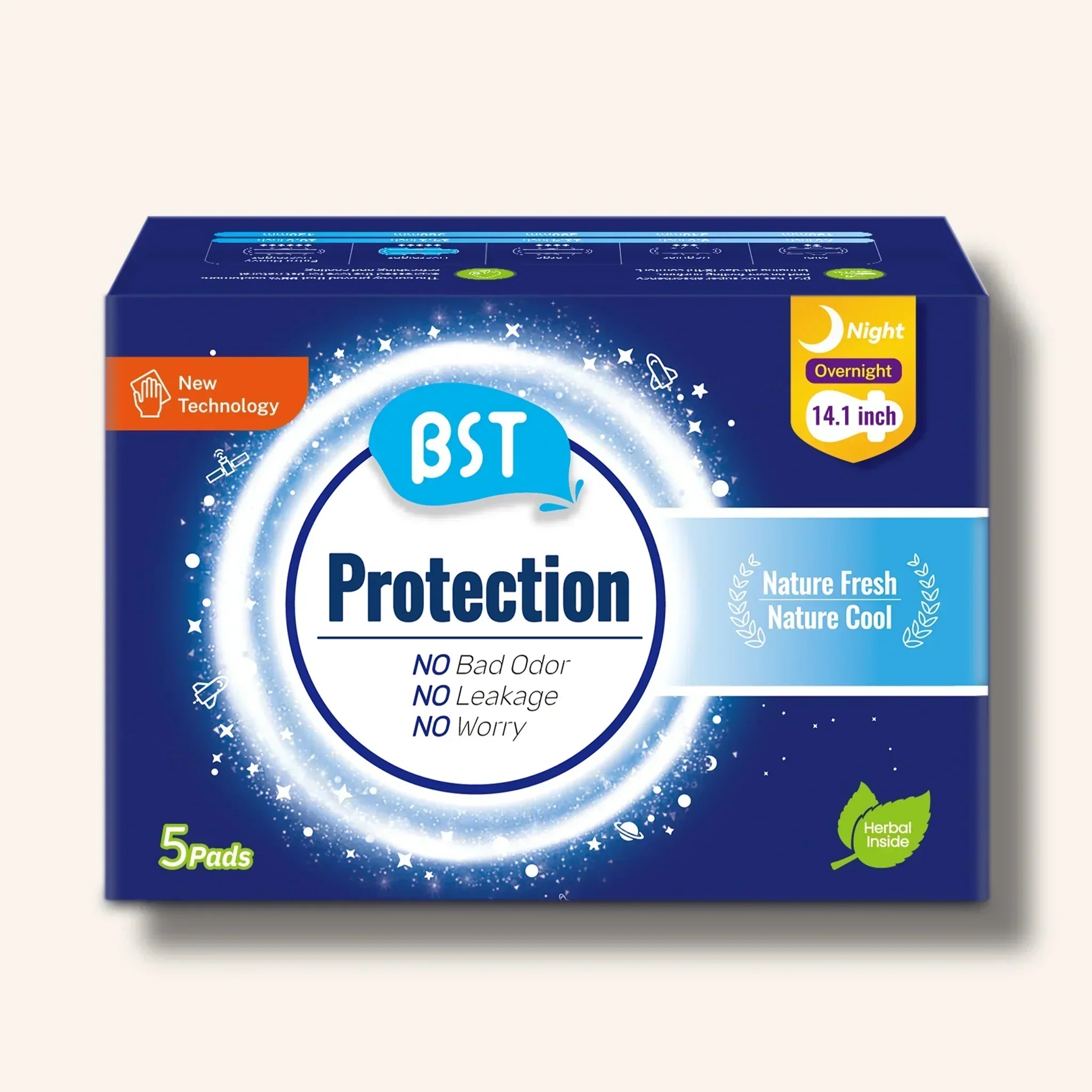 BST Protection Mint Cooling Sanitary Pads Overnight use, 5 pads – 14.1 inch, nature fresh, no bad odor, no leakage, for sensitive skin